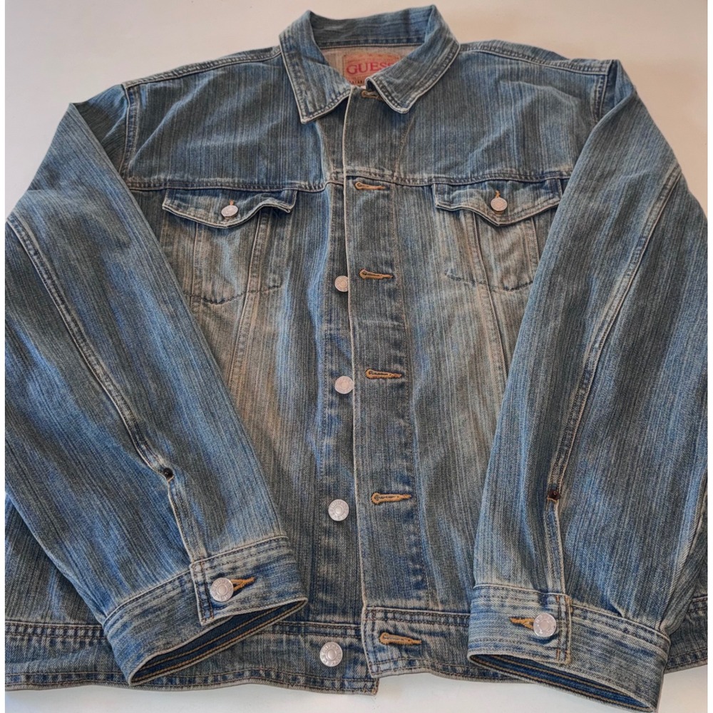 Vintage Guess Men's Y2K Denim Trucker Biker Jacket XXL 2XL Cotton HEAVY